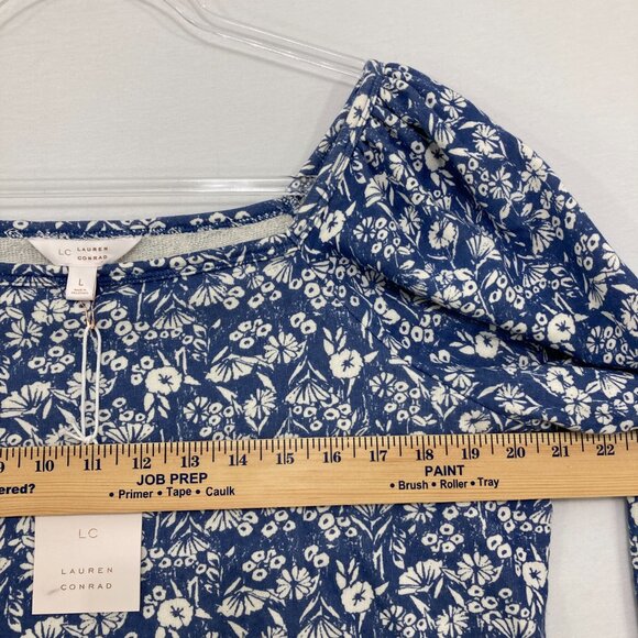 New LC Lauren Conrad Large Blue White Ditsy Floral Square Neck Puff Sleeve Blous - Picture 7 of 10
